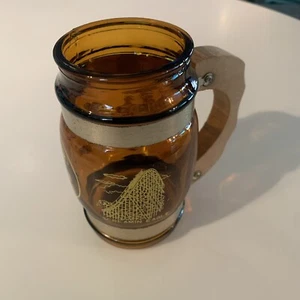 Six Flags Over Mid-America Amber Barrel Glass Mug Wood Handle Vintage Souvenir - Picture 1 of 9