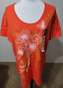 2X Top blusa donna JMS NUOVA CON ETICHETTE arancione stampato manica corta 100% cotone - Foto 1 di 3