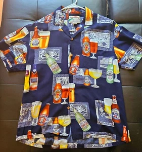 Paradise Found Mens (Medium) Blue Vintage Hawaiian Beer Bottle Button Up Shirt - Picture 1 of 2