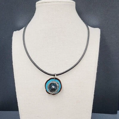 Artisan Birds Nest Necklace Leather Cord Blue Enamel Black Pearl 16" - Image 1 of 4