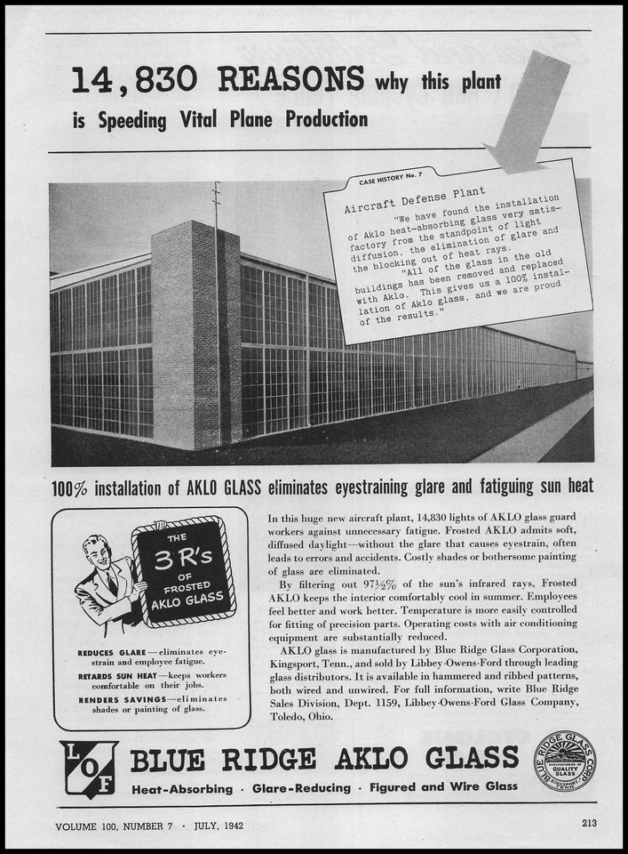 Libbey Owens Ford Blue Ridge Aklo 1942 vidrio Segunda Guerra Mundial planta de defensa de aviones anuncio impreso Foto 1 de 1