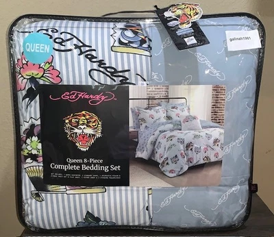 Ed Hardy Blue Reversible Logos/Striped QUEEN Set Comforter, Shams, Sheets,Pillow - Image 1 of 4