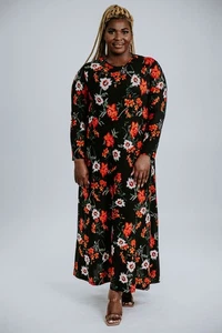 Maxikleid mit Blumenmuster Übergröße Langarm mit Rundhalsausschnitt & hoher Taille - Bild 1 von 7