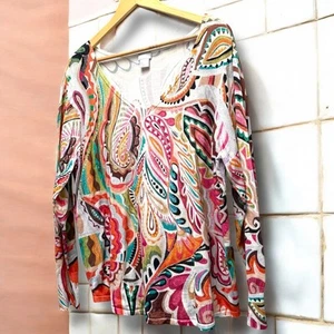 Chico's Women's XL/3 V-Neck Multicolor Paisley Knit Lightweight Sweater - Picture 1 of 5