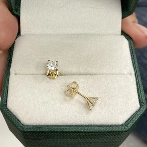Diamond Stud Earrings Round SI1 F 1 Carat Lab Created 14K Yellow Solid Gold - Picture 1 of 10