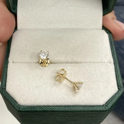 Diamond Stud Earrings Round SI1 F 1 Carat Lab Created 14K Yellow Solid Gold - Image 1 of 4
