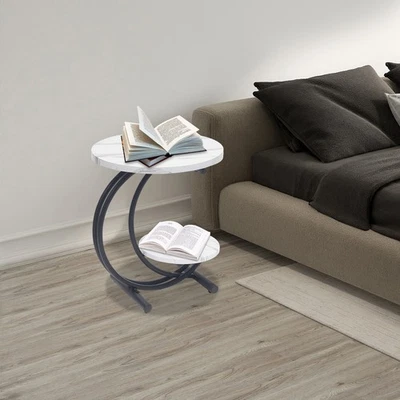 2-Tier Round End Table White Black End Table with Storage Shelf for Living Room - Image 1 of 4