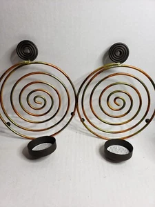 2 SPIRAL CANDLE SCONCES, Multicolor Metal Wall Sconces Votive Candle Holders - Picture 1 of 6
