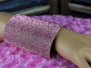 Pink Crystal Wide Cuff Bracelet Rhinestones on Extra Wide Gold Statement Cuff - Picture 1 of 11