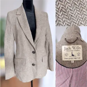 Jack Wills Lambswool Pink detail Herringbone Tweed Wool Blazer Jacket Coat Sz 4 - Picture 1 of 15