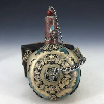 Vintage Chinese Stone Inlaid With Xizang Silver Pure HandMade Snuff Bottles • 88.10£
