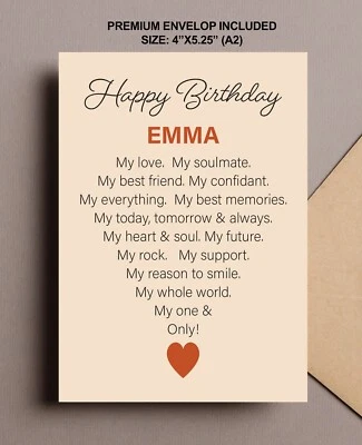 BAMBISTUDIO Personalized Name Romantic Happy Birthday Card for Her Wife Girlfriend Husband
