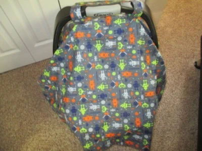Tiny Robots, Spaceships Print Handmade Baby Car Seat Carrier Cover - Image 1 of 4