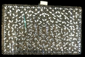 New Metallic Black W/ Gray & Clear Marquise Crystal Clutch Bag- Fits Iphone - Picture 1 of 2