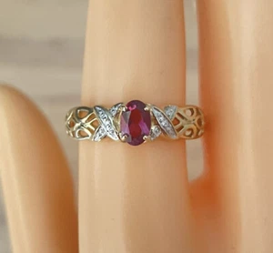 9ct Yellow Gold Ruby & Diamond Solitaire Ring, UK size R 1/2, EU size 59 - Picture 1 of 6