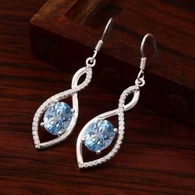 Orecchini Fatti A Mano In Argento 925 Con Gemma Ovale Acquamarina Blu 10x8 MM - Immagine 1 di 4