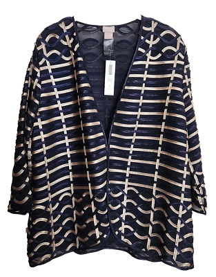 Chaqueta a rayas Chico's 2, XL 14 texturizada para viajeros azul marino forrada en oro $149 nueva con etiquetas Foto 1 de 4