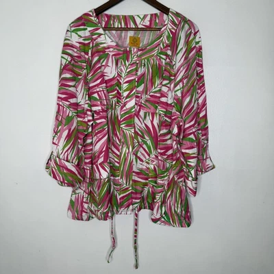 Ruby Rd Shirt Womens 22W Pink Green Palm Print Linen Blend Lightweight Jacket - Image 1 of 4