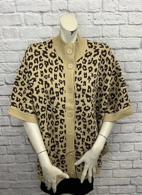 DENIM & COMPANY WOMEN'S BEIGE & BROWN LEOPARD PRINT PONCHO SWEATER SIZE M - Image 1 of 4