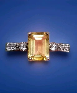 Vintage Sterling Silver Ring Rectangle Faceted Yellow Citrine Emerald Cut Size 7 - Picture 1 of 14