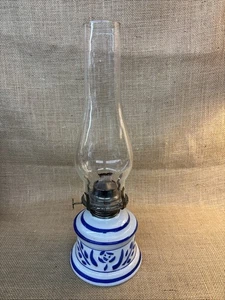 Vintage Lamplight Farms Floral Blue & White Ceramic Base Hurricane Oil Lamp - Picture 1 of 6