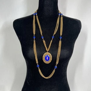 Vintage Goldette Multi Strang Gold Ton Medaillon Halskette Blau Emaille Perlen 35" - Bild 1 von 13