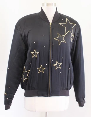 Chaqueta Bomber De Colección Años 90 Negra Seda Tachonada Estrella Bordada Puff Talla S Retro Foto 1 de 4