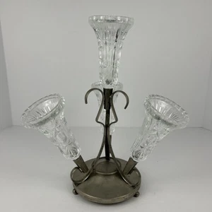 Vintage Epergne Vase Cut Glass Trumpets & Metal Stand 12” Tall Made in England - Imagen 1 de 12