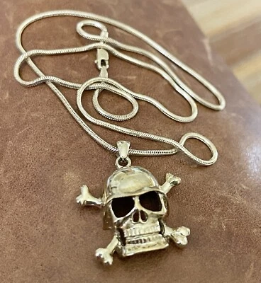 Gorgeous 14K Solid Yellow Gold Skull Crossbones Pendant Snake Chain Necklace 19” - Image 1 of 4