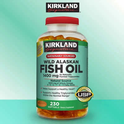 Kirkland Signature Wild Alaskan Fish Oil Omega-3 ácidos grasos 1400 mg 230 cápsulas blandas Foto 1 de 4