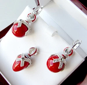 SALE ! SUPERB EARRINGS & PENDANT SET STERLING SILVER w/ GENUINE CORAL & ENAMEL - Picture 1 of 3