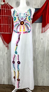 Mexican Womens Embroidered Sleeveless Cotton Boho White Maxi Dress Sz S,M,L & XL - Picture 1 of 6
