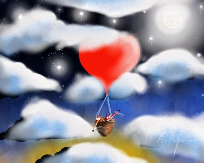 Valentines Art Card. Love is in the air, foxes in a balloon. 6x6 Blank inside  - Image 1 of 3