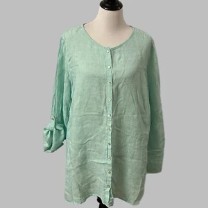 Tahari Tunic Top Size 2X Green Roll Tab Sleeves Side Slits Button Up 100% Linen - Picture 1 of 7