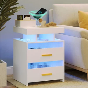 Bedside Table with Charging Station:Nightstand with Drawers Night Stand with LED - Picture 1 of 10