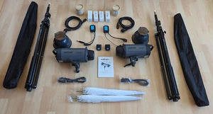 Hobby-Fotostudio 2 Walimex Blitzköpfe, Softboxen, Hintergrundgestell, Stoffe uvm - Bild 1 von 17