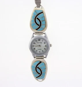 Ladies Sleeping Beauty Turquoise Inlay Watch Tips By Zuni Artist Amy Wesley - Picture 1 of 4