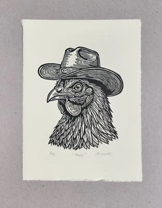 Vaquero de pollo estampado tirado a mano linocut titulado "Howdy" sin marco - Imagen 1 de 7
