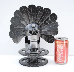 Handcrafted Metal Skull with Feather Headdress | Scrap Metal Art | Home Decor - Picture 1 of 10