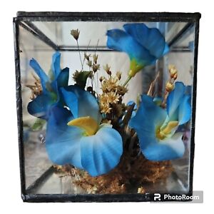 Glass And Metal Box Diorama With Blue Faux Flowers And Dried Flowers