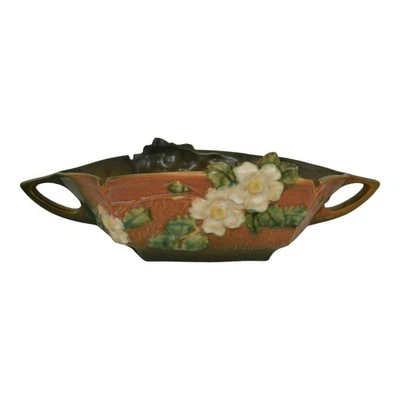 Roseville White Rose Brown 1940 Mid Century Modern Pottery Console Bowl 393-12 - Image 1 of 4