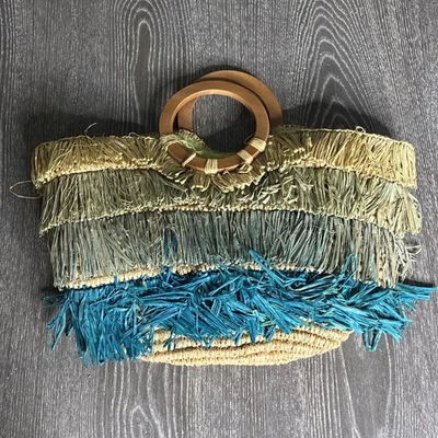 Cartera de Playa The Limited Tejida Azul Paja Ombré Flecos Doble Asa Foto 1 de 4