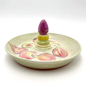 Liz Platt Pottery Ceramic Nut Bowl Bird Feeder Unique Fig Dish Signed 8"D 4"H - Picture 1 of 10