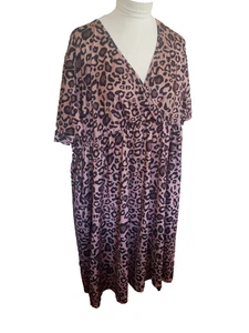 AMZ Plus Leopard Print High Waist Flutter Sleeve VNeck Dress Size 4XL NEW - Picture 1 of 7