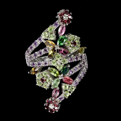 Anillo de plata de ley 925 turmalina peridoto piedras preciosas naturales joyería talla 8 Foto 1 de 4