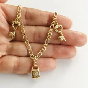 14K GOLD FILLED KEY LOCK ANKLET 10" LONG/ TOBILLERA DE LLAVE Y CANDADO 10"- A14 - Picture 1 of 6