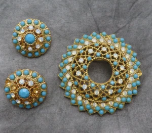 Sarah Coventry Brooch Earrings Age of Aquarius Vtg Set Turquoise Crystal 529f - Picture 1 of 10