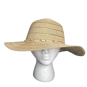 Chicos Sun Floppy Beach Hat Women's Natural 3.5" Wide Brim Polyester Paper Gold - Picture 1 of 10