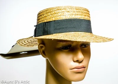 Skimmer/Boater Hat & Bow Tie Set 20's-30's Era Men's Straw Hat W/ Blk Band OS - Image 1 of 3
