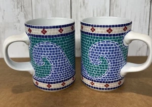 Dansk Mosaic Wave Dinnerware Replacement Mugs Blue Aqua White Red Stoneware - Picture 1 of 6